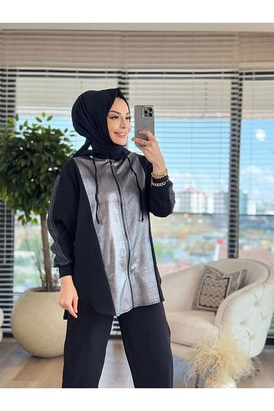 Puane Women's Hooded Front Shiny Fabric Zippered Double Suit 14253