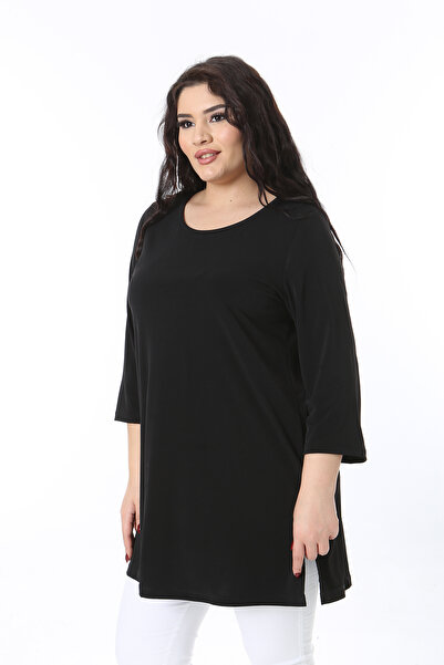 Şans Women's Plus Size Black Crew Neck Capri Sleeve Lycra Long Blouse 65N38653