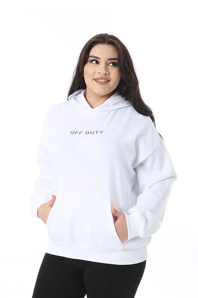 Şans Women's Plus Size White Two Thread Inside Raised Back Printed Sweatshirt 65N38624