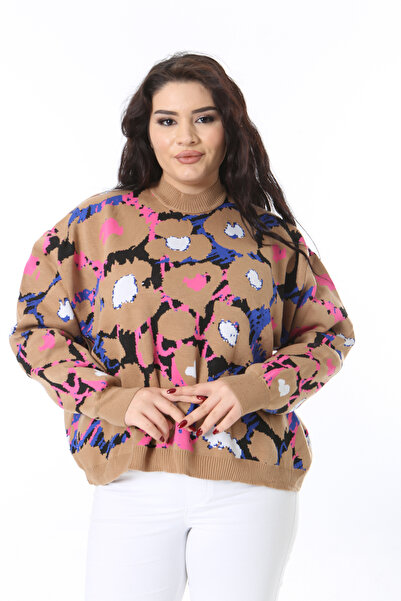 Şans Women's Plus Size Beige Relaxed Fit Knitwear Sweater 65N38562