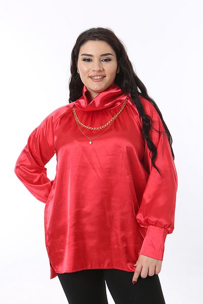 Şans Women's Plus Size Red Collar Detail Satin Blouse 65N38706