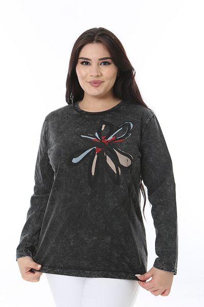 Şans Women's Plus Size Anthracite Washing Effect Printed Sweatshirt 65N38631