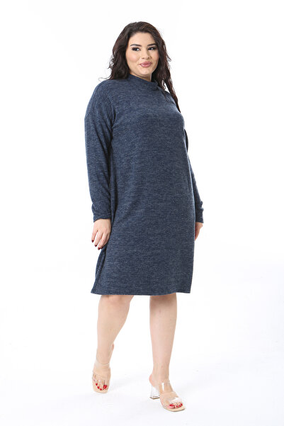 Şans Жіноче велике розмір темно-синє м'яке плаття з довгими рукавами та коміром 65N38591