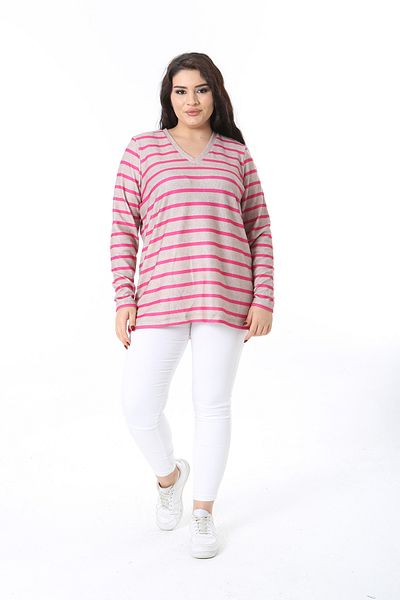 Şans Women's Plus Size Beige V-Neck Stripe Tunic with Raised Outside 65N38570