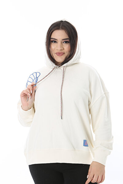 Şans Жіночий великий розмір з вишитим плечем і принтом на спині, детально оздоблений капюшоном, світшот 65N38625