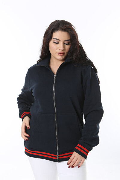 Şans Kadın Büyük Beden Lacivert İçi Şardonlu Ön Fermuarlı Sweatshirt 65N38698