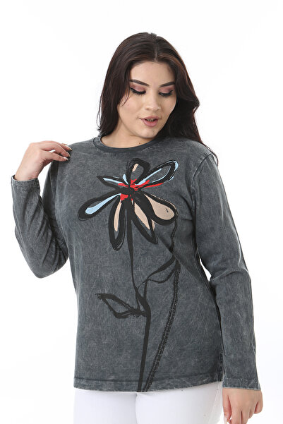 Şans Women's Large Size Smoked Wash Effect Printed Sweatshirt 65N38631