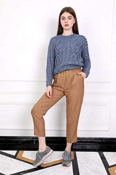 NİLİST Yüksek Bel Kendinden Kemerli Havuç Kumaş Pantolon - Kahverengi