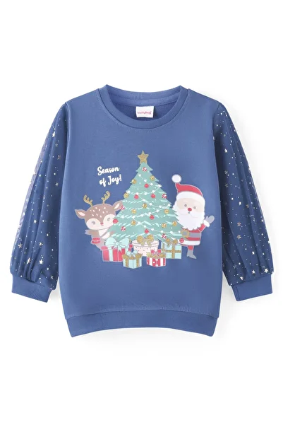 Babyhug Babyhug Cotton Knit Half Sleeves Sweatshirt with Foil & Mesh Detailing Christmas Theme Design - Blue