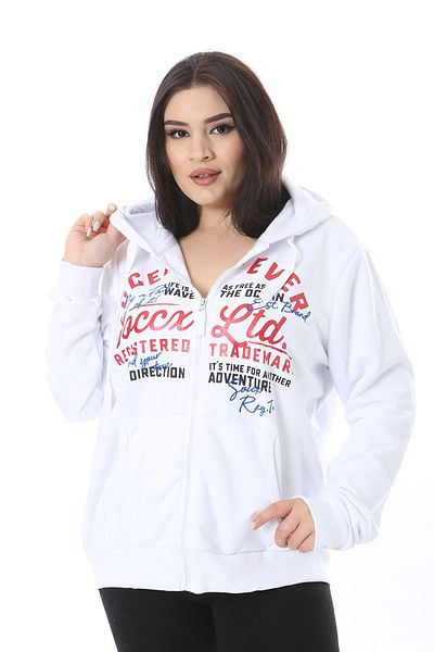 Şans Women's Plus Size White Front Zip and Printed Hooded Sweatshirt 65N38622