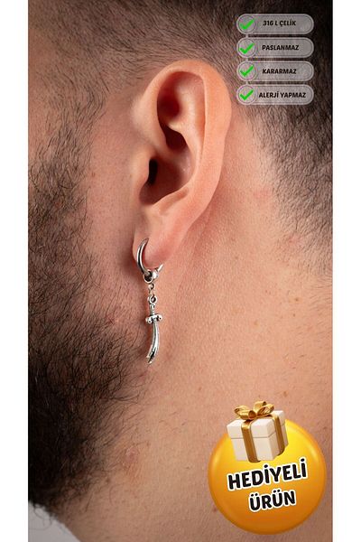 Piercing Market Steel & Silver Men's Steel Ring Dangle Special Design Sword Earrings Rusting Does Not Darken