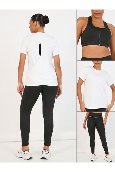 Styli Pack of 3 - Front Zip Racer Back Sports Br, Round Neck Top & Side Contrast Detail Legging