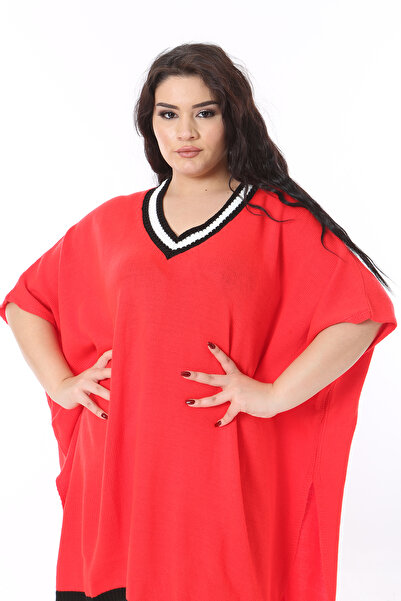 Şans Women's Plus Size Fujya V-Neck Knitwear Poncho 65N38571