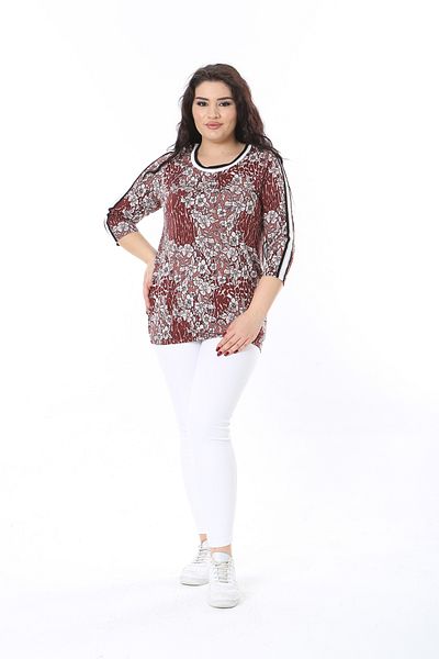Şans Women's Plus Size Coffee Neckline and Sleeve Glitter Ribbed Hem Elastic Blouse 65N38649