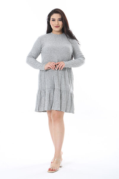 Şans Γυναικείο φόρεμα με στρώσεις από γκρι μάλλινο ύφασμα βισκόζης 65N38596