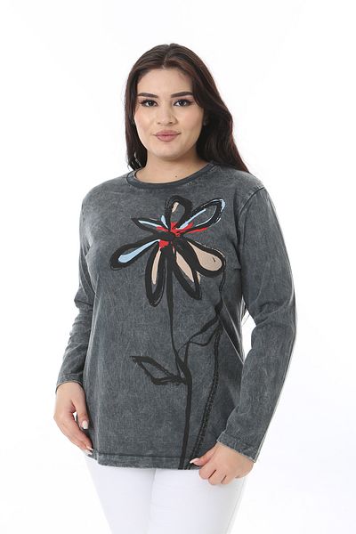 Şans Women's Large Size Smoked Wash Effect Printed Sweatshirt 65N38631