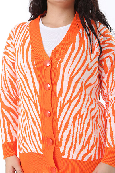 Şans Women's Plus Size Orange Front Button Knitwear Cardigan 65N38566