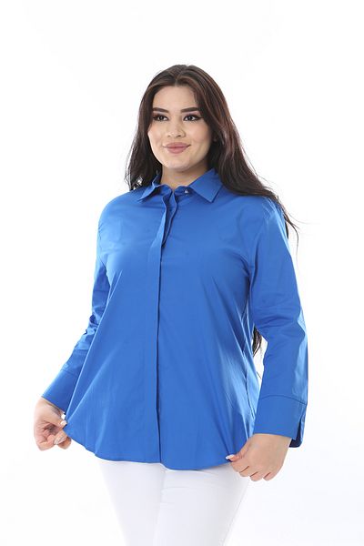 Şans Women's Plus Size Saks Hidden Placket Button Cotton Shirt 65N38549