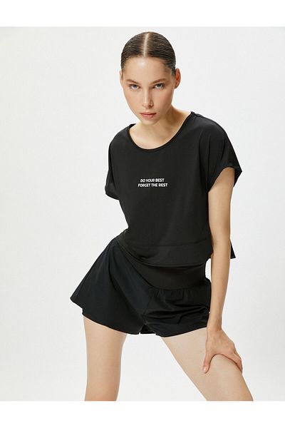 Koton Crew Neck Printed Crop Sports T-Shirt - Skinny Fit, Short Sleeve