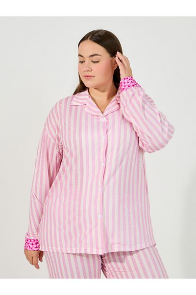 Styli Plus Size Stripe Contrast Star Print Shirt & Pyjama Set