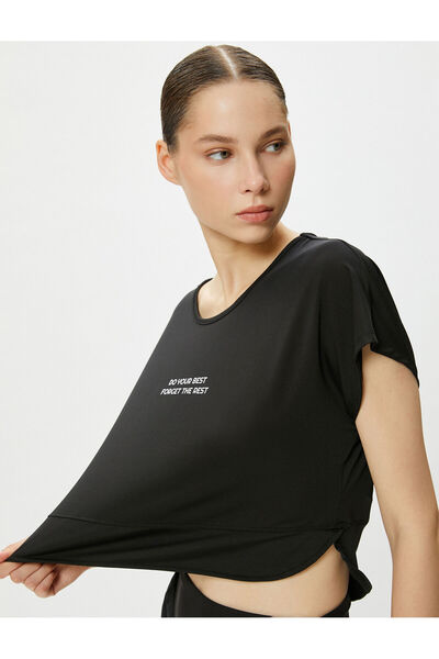 Koton Crew Neck Printed Crop Sports T-Shirt - Skinny Fit, Short Sleeve