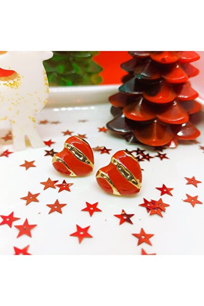 POKAK New Year Gift New Year Red Gold Color Heart Earrings