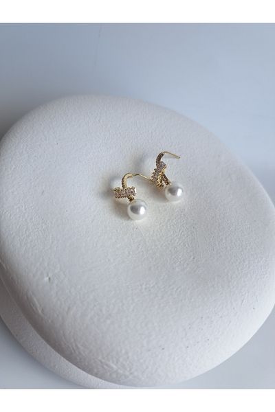 BHR AKSESUAR Gold Zircon Stone Pearl Earrings