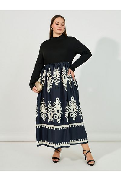 Styli Plus Size Damask Print High Neck A-Line Maxi Dress