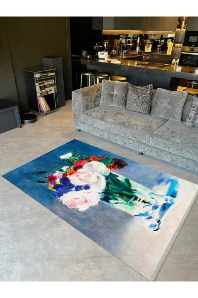 Rugs Modern Halı Yilmaz Collection Pastel Colors Blue Theme Vase and Flowers ...