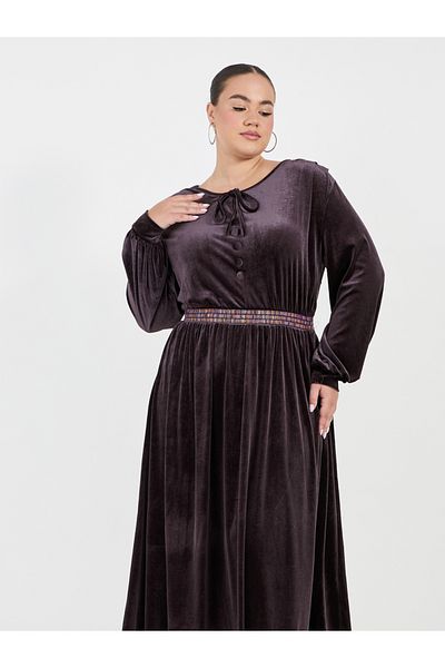 Styli Plus Size Embroidered Waistband Velvet Look Maxi Dress