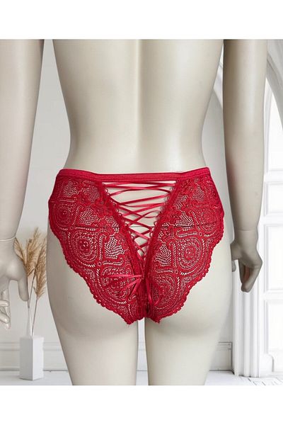 İntive Lingerie Intive Women Red Lace Back and Tie Cut-Out Tulle Fancy Panties