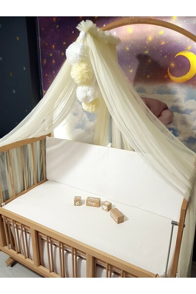 bebek_iklimi Bebek Lüks Cibinlik Takımı - Krem Ve Beyaz Dört Ponponlu - 6 Met...