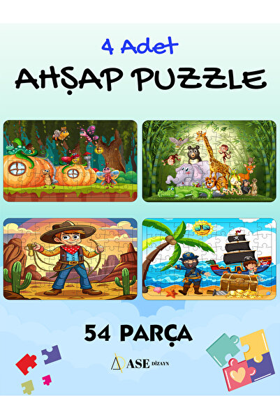 ASE DİZAYN Çocuklar Için Eğitici Ve Öğretici Ahşap Renkli Puzzle(yapboz) 4 ad...