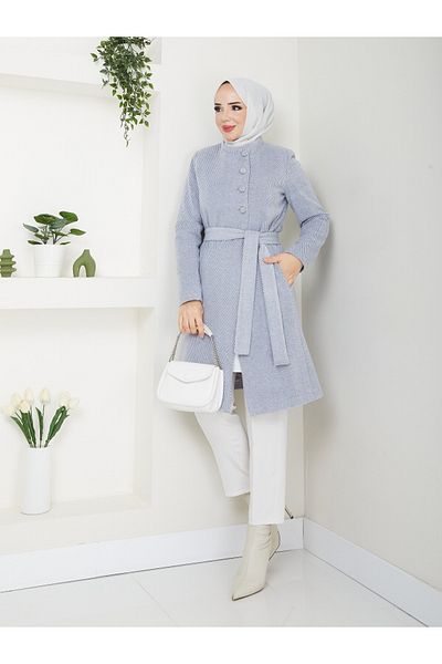 Dabenti women style Palton de damă din piele de ștampilă cu curea albastră