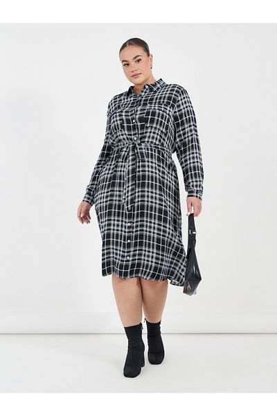 Styli Plus Size Checked Shirt Midi Dress with Tie Belt