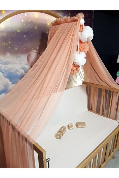 bebek_iklimi Bebek Lüks Cibinlik Takımı - Somon Ve Beyaz Dört Ponponlu - 6 Me...