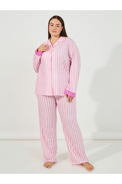 Styli Plus Size Stripe Contrast Star Print Shirt & Pyjama Set