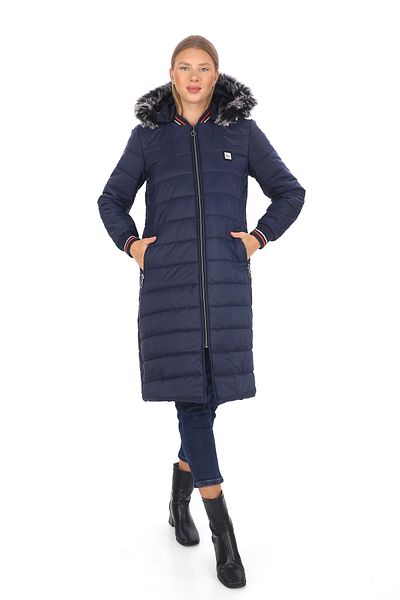 Dabenti women style Women's Navy Blue Hooded Long Quilted Ribbed Coat