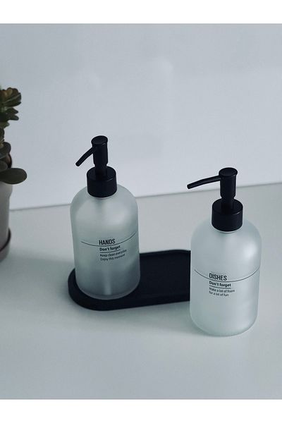 ECO KİTCHEN Set of 2 Black Liquid Soap Dispensers with Wooden Stand - 1000 ml