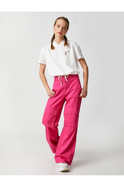 Koton Crop T-Shirt mit Kapuze, bedruckt, kurze Ärmel, gebundene Taille