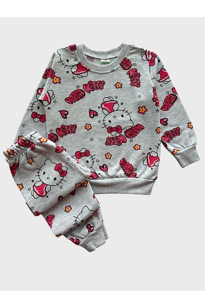 TOFU KİDS Girl's Cotton Raised Gray Hello Kitty Print Long Sleeve Pajamas Set