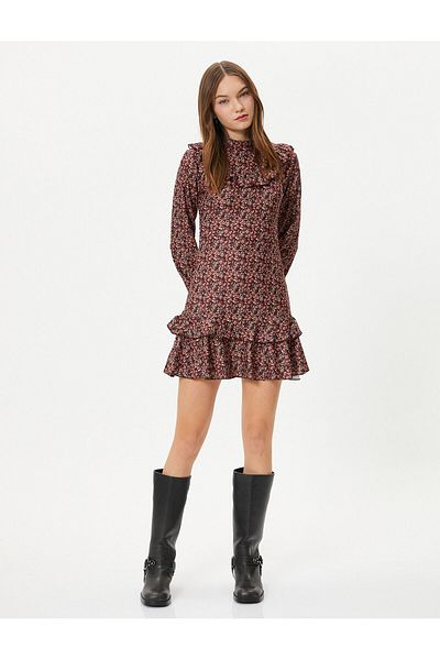 Koton Floral Mini Dress Ruffled High Collar Slim Fit Long Sleeve
