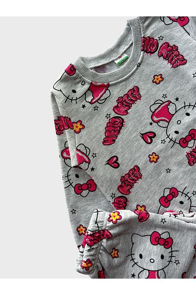 TOFU KİDS Girl's Cotton Raised Gray Hello Kitty Print Long Sleeve Pajamas Set