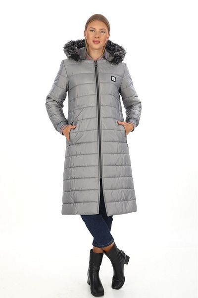 Dabenti women style Women's Gray Quilted Ribbed Zippered Hooded Coat