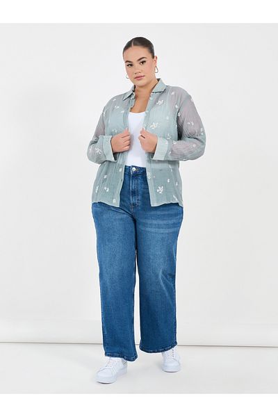 Styli Plus Size Embroidered Shirt with Roll-Up Sleeves