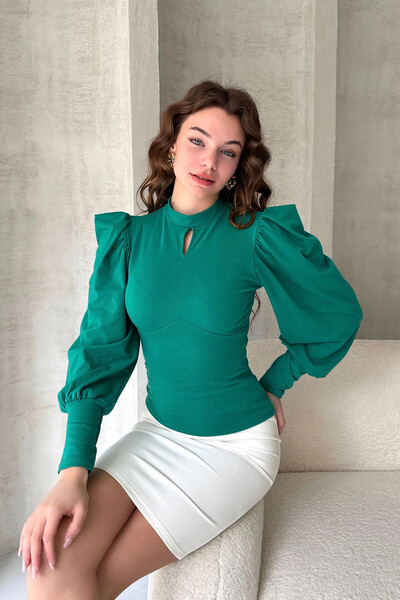 bacc المرأة الأخضر قبلة طوق الأميرة كم كريب بلوزة Bcdf- 242137