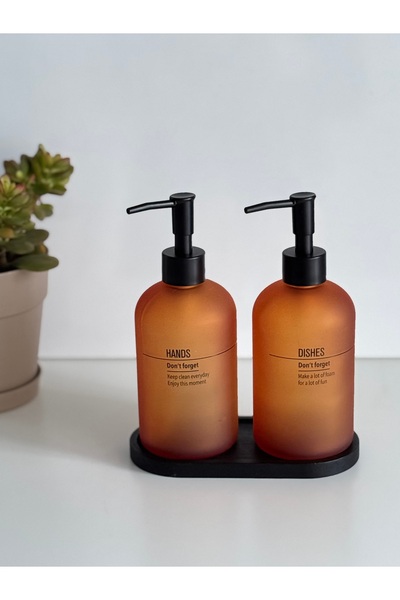 2'li Tezgah Üstü Standlı Sıvı Sabunluk Seti Siyah Ahşap  Standlı  1000 ml.