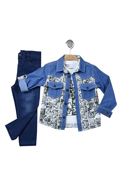 falcomini Kids 2/3/4/5 Yaş Pantolonlu Gömlekli Tişört Lü Erkek Çocuk Kot 3 Lü Takım,