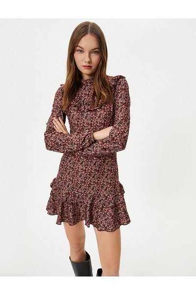 Koton Floral Mini Dress Ruffled High Collar Slim Fit Long Sleeve