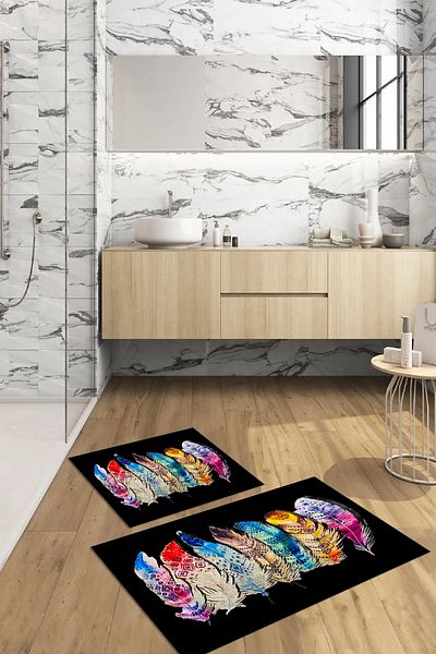 Viyana Home Covoraș de baie floral lavabil, antiderapant, set de 2 covoare pentru toaletă, WC-128-BLACK,